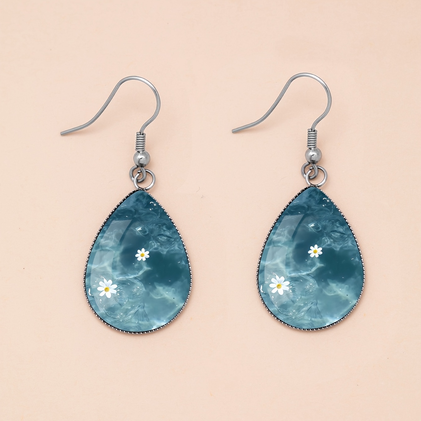 Unisex Deep Sea Blue Water Ripple Daisy Pattern Droplet Earrings